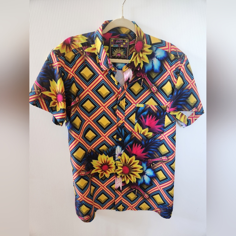 Retro-rifle Bloom Multicolor Geometric Floral Men's Shirt Size L